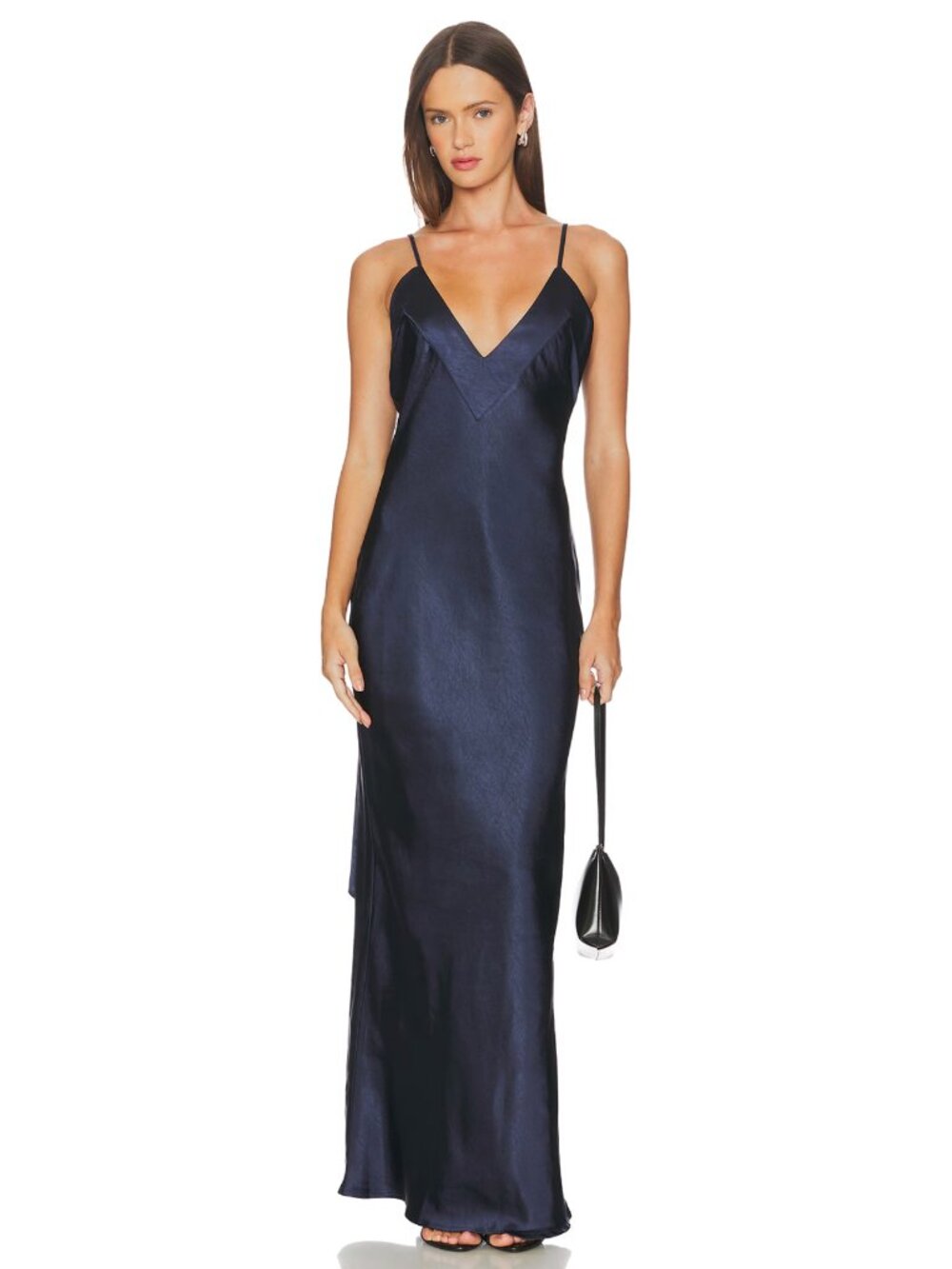 NEW SNDYS Spain Maxi Dress in Navy Dark Blue Satin Silk Gown